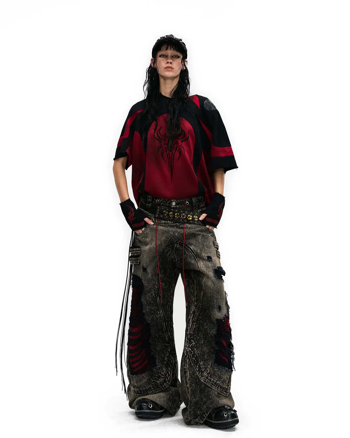 Personsoul Mythical Beast Motif Patchwork T-Shirt Red - Image 10