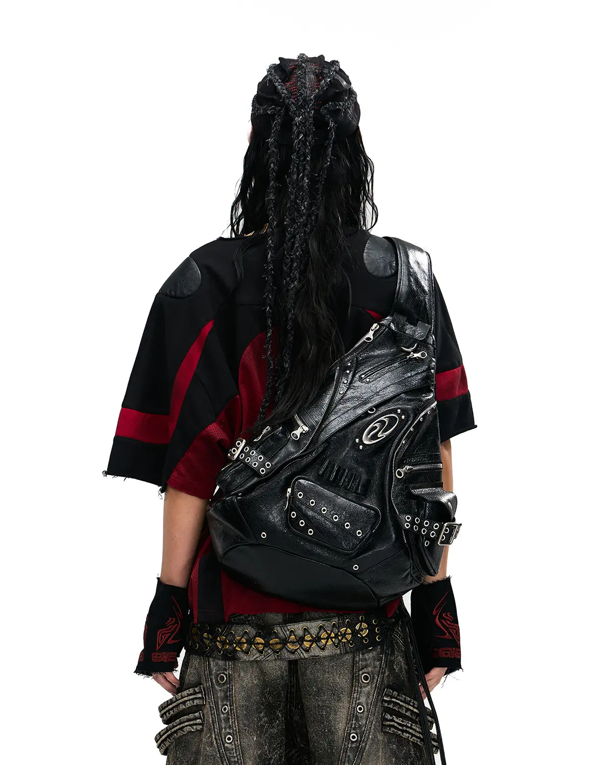 Personsoul Mythical Beast Motif Patchwork T-Shirt Red - Image 3