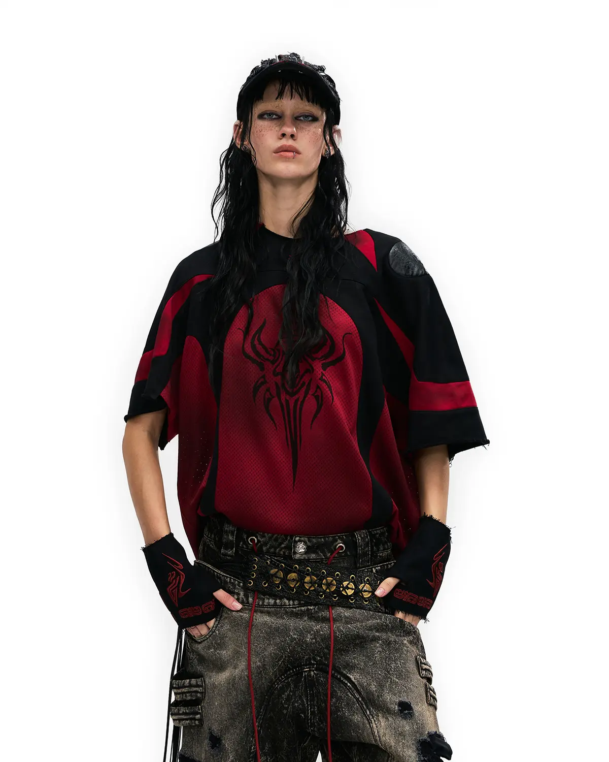 Personsoul Mythical Beast Motif Patchwork T-Shirt Red - Image 4