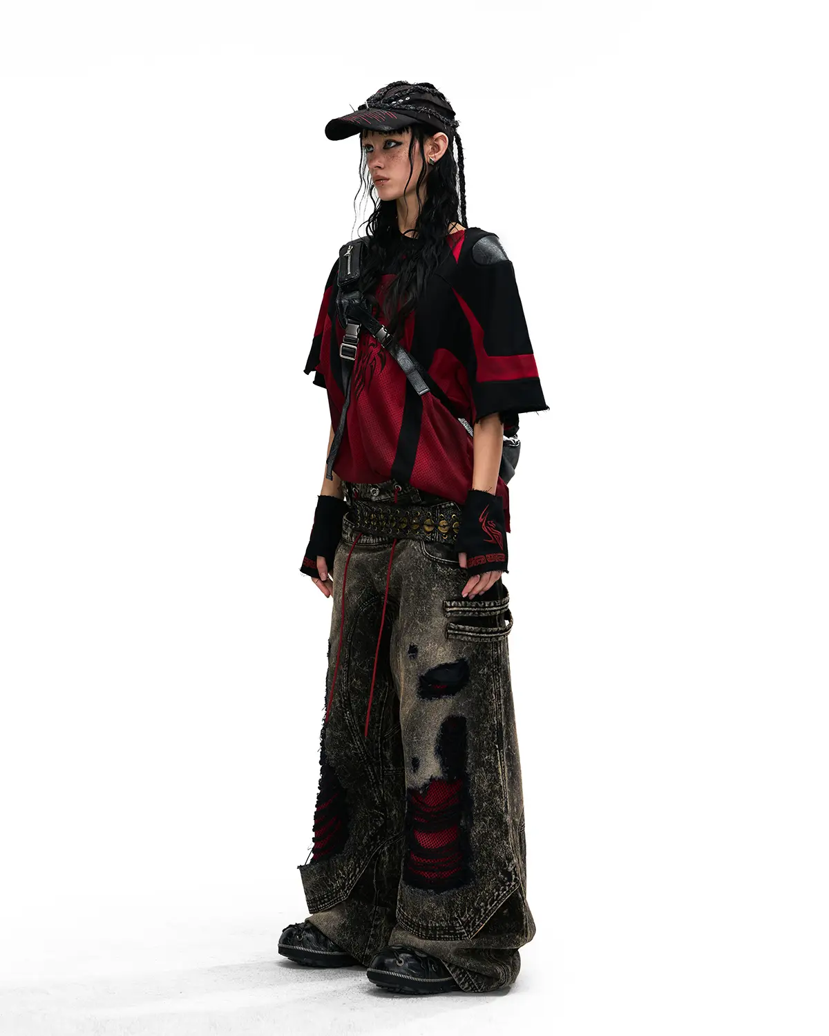 Personsoul Mythical Beast Motif Patchwork T-Shirt Red - Image 8