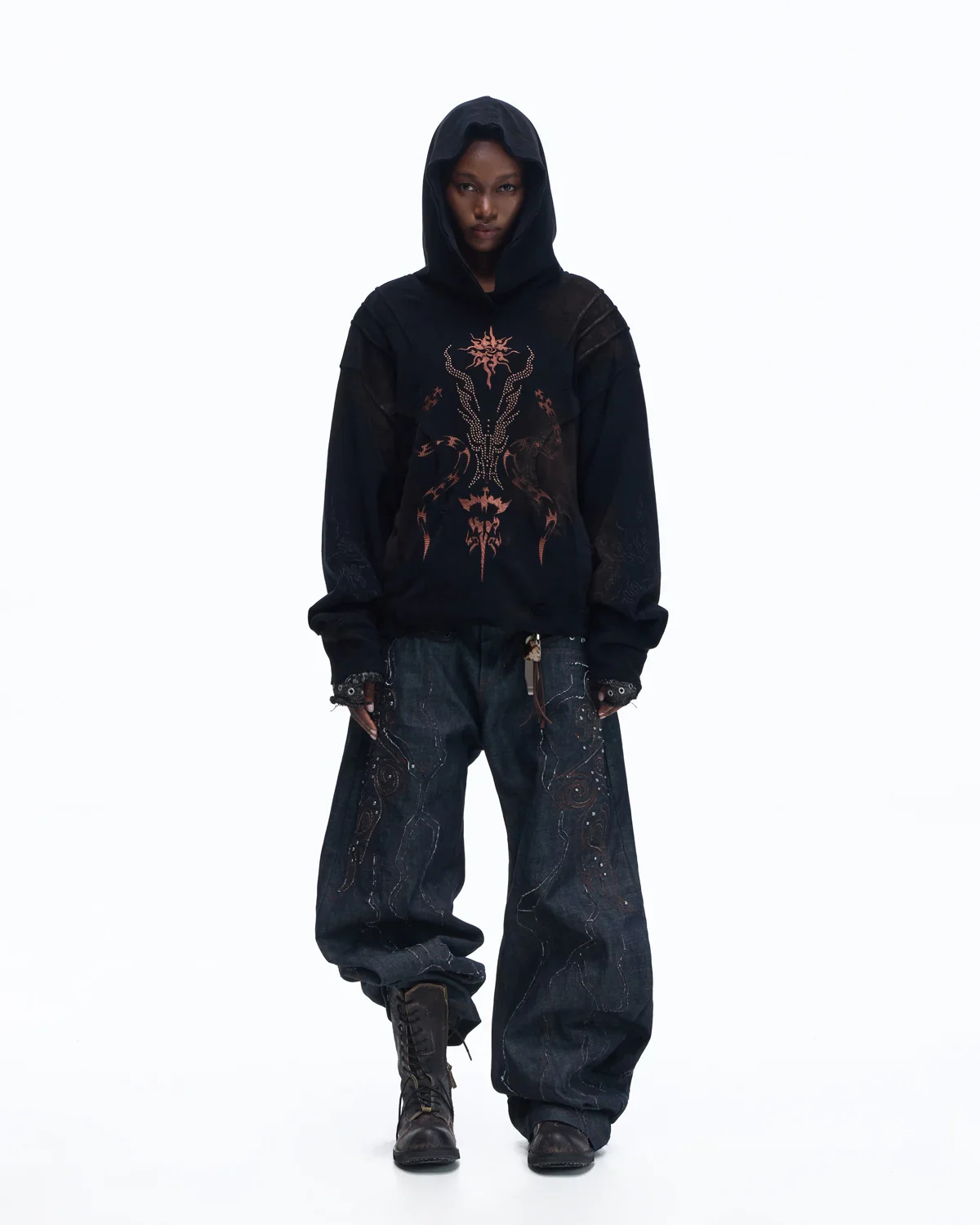 Personsoul Patchwork-Embroidered Raw Denim Curved Pants - Image 13