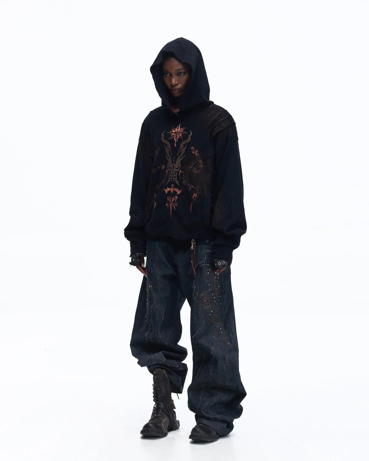 Personsoul Patchwork-Embroidered Raw Denim Curved Pants - Image 14