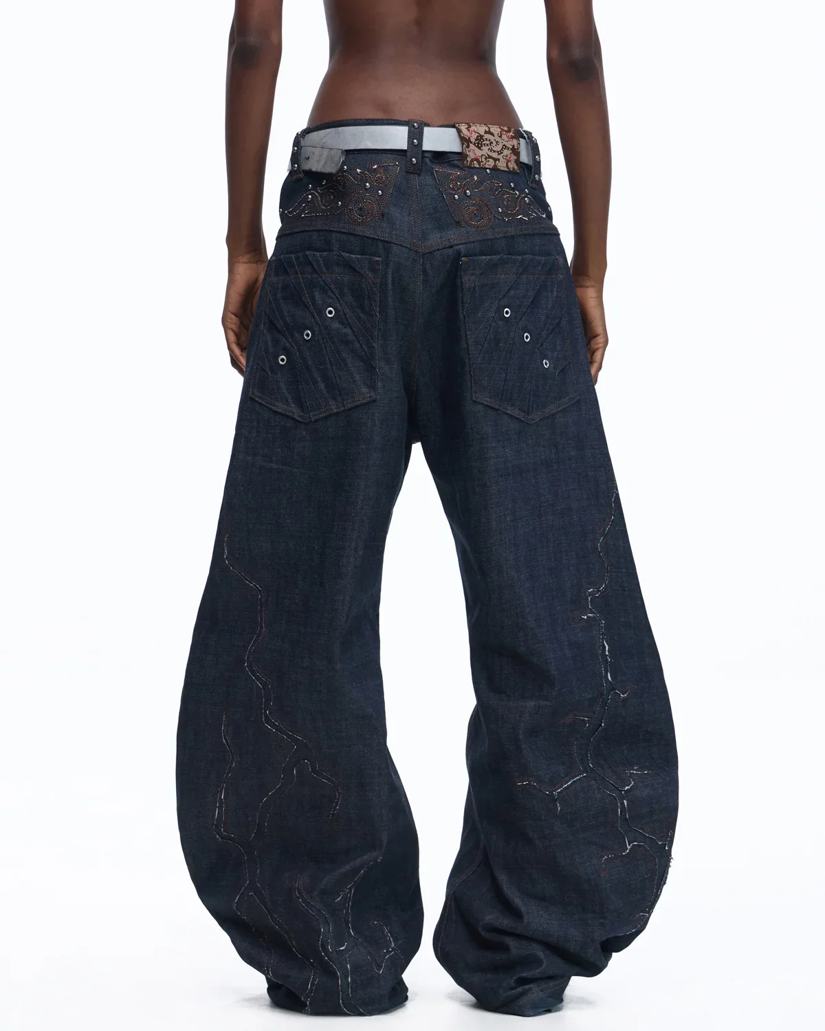 Personsoul Patchwork-Embroidered Raw Denim Curved Pants - Image 3