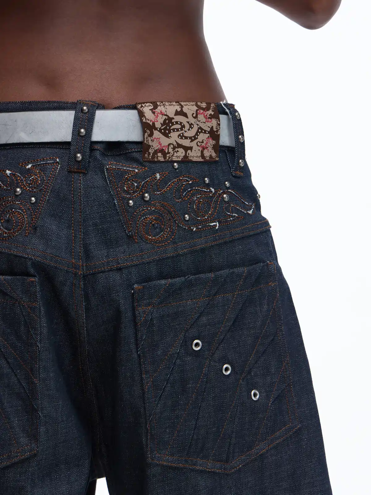 Personsoul Patchwork-Embroidered Raw Denim Curved Pants - Image 5
