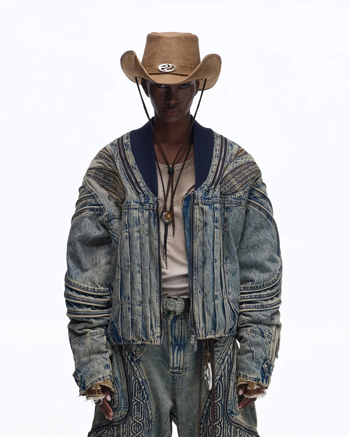 Personsoul Patchwork Ribbed Knit Embroidered Denim Jacket