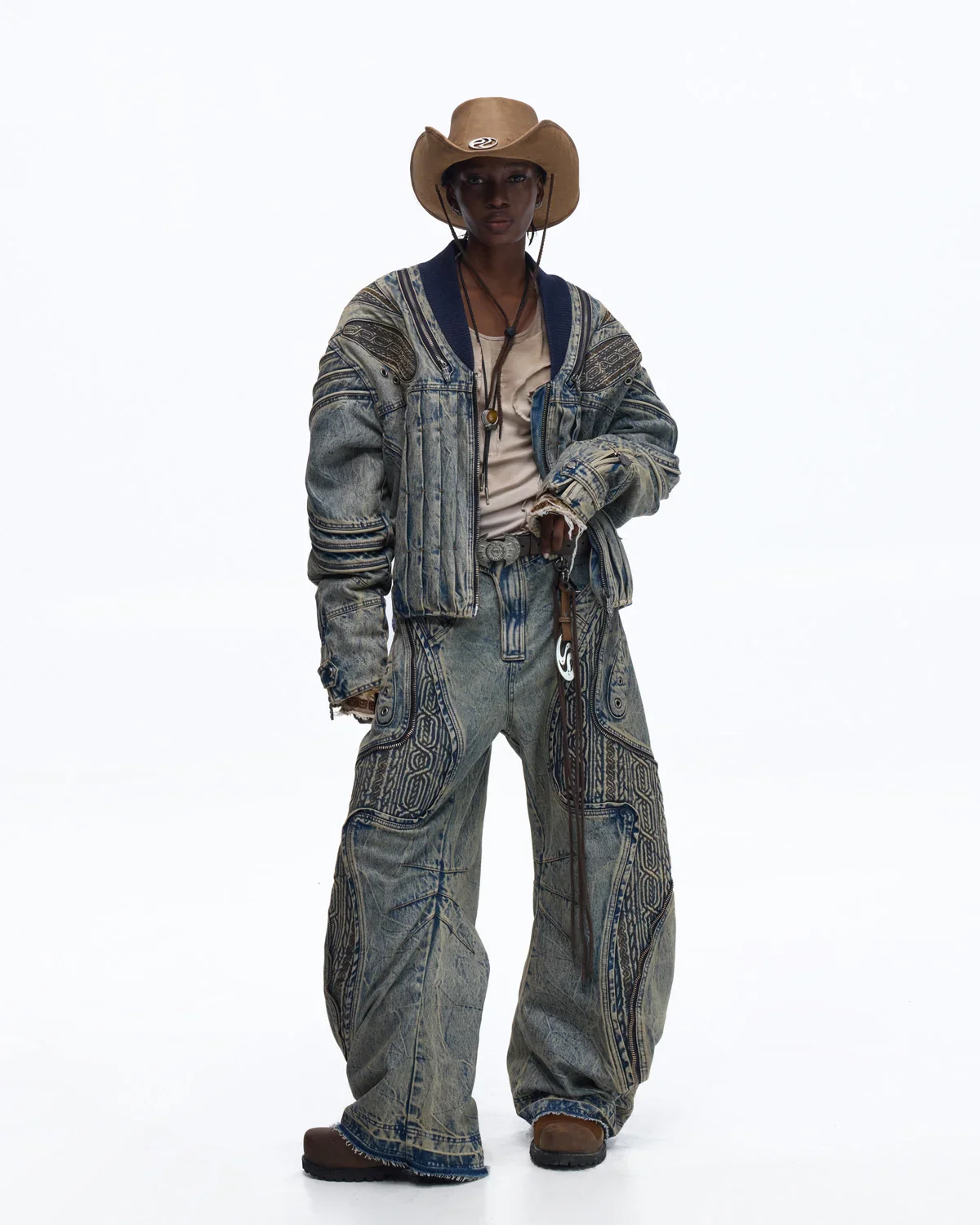Personsoul Patchwork Ribbed Knit Embroidered Denim Jacket - Image 11