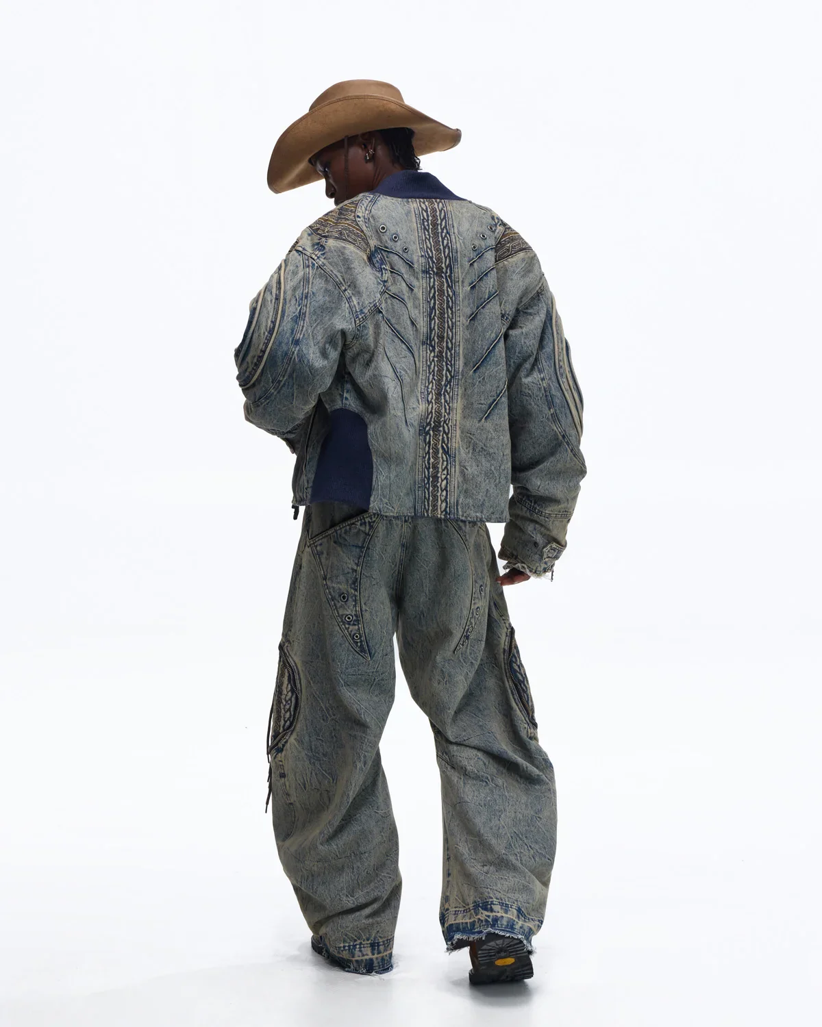 Personsoul Patchwork Ribbed Knit Embroidered Denim Jacket - Image 13