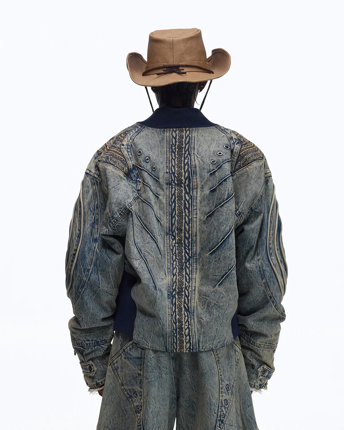 Personsoul Patchwork Ribbed Knit Embroidered Denim Jacket - Image 3