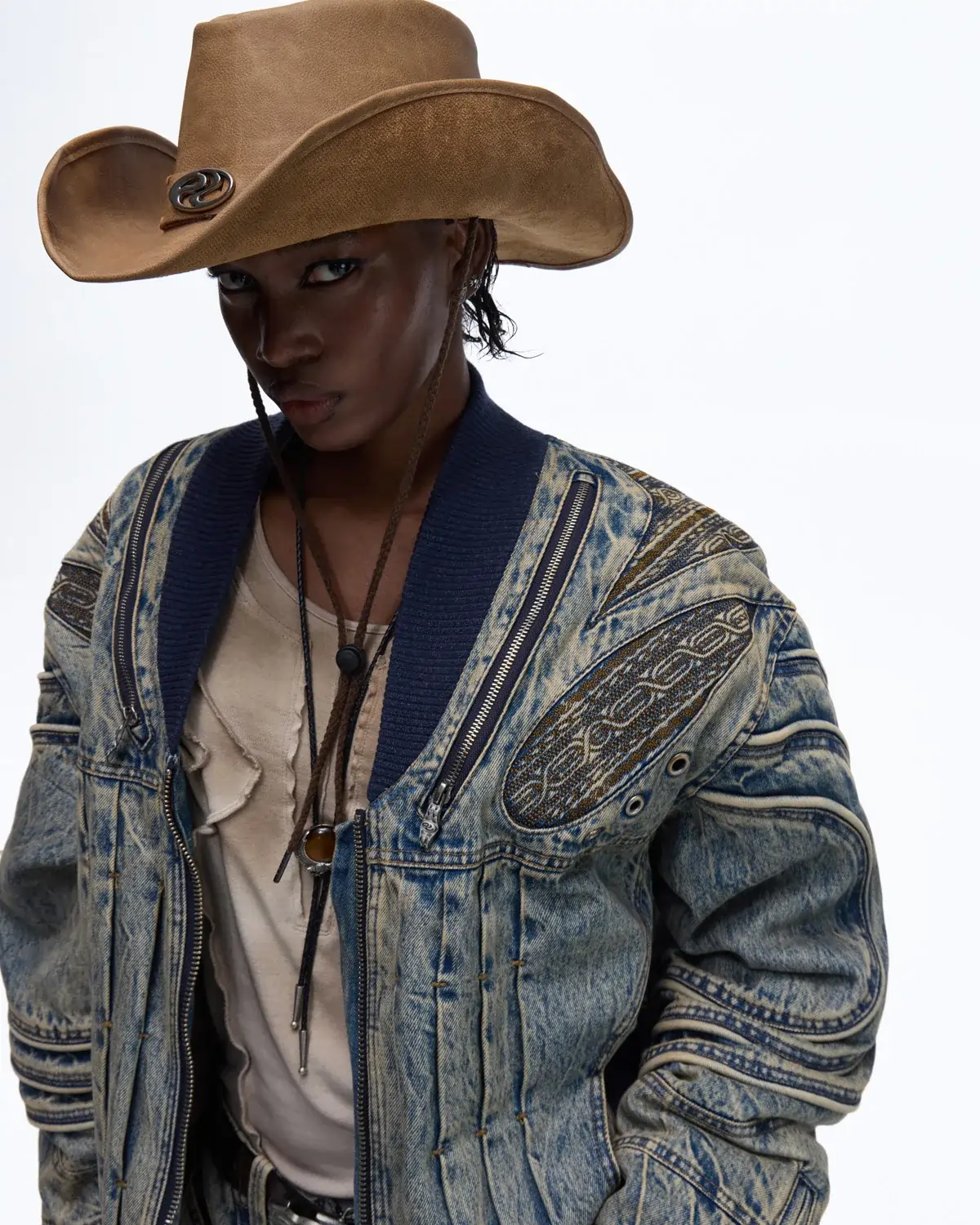 Personsoul Patchwork Ribbed Knit Embroidered Denim Jacket - Image 5