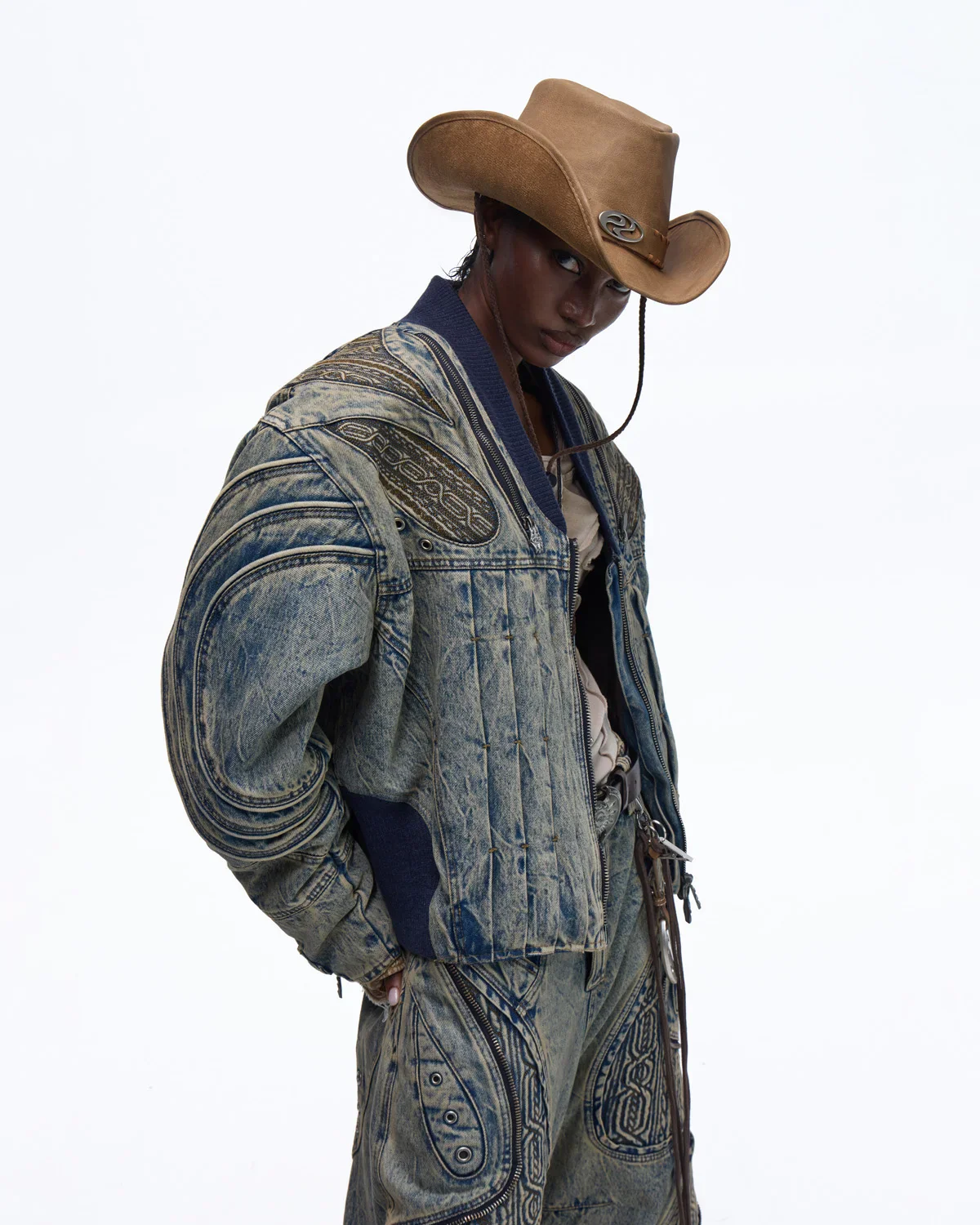 Personsoul Patchwork Ribbed Knit Embroidered Denim Jacket - Image 6