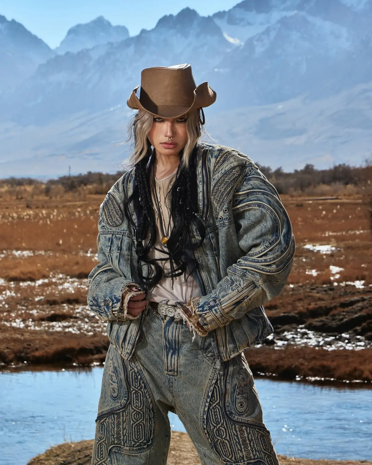 Personsoul Patchwork Ribbed Knit Embroidered Denim Jacket - Image 7