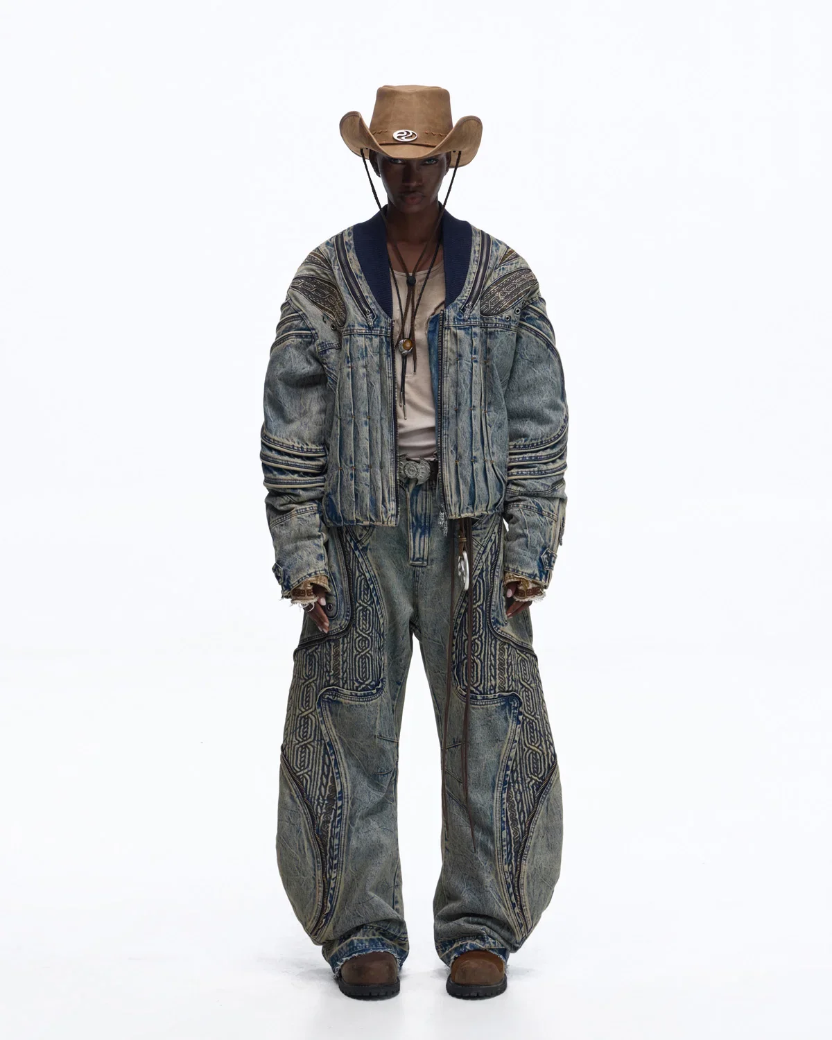 Personsoul Patchwork Ribbed Knit Embroidered Denim Jacket - Image 8