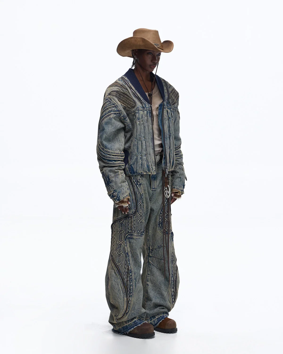 Personsoul Patchwork Ribbed Knit Embroidered Denim Jacket - Image 9