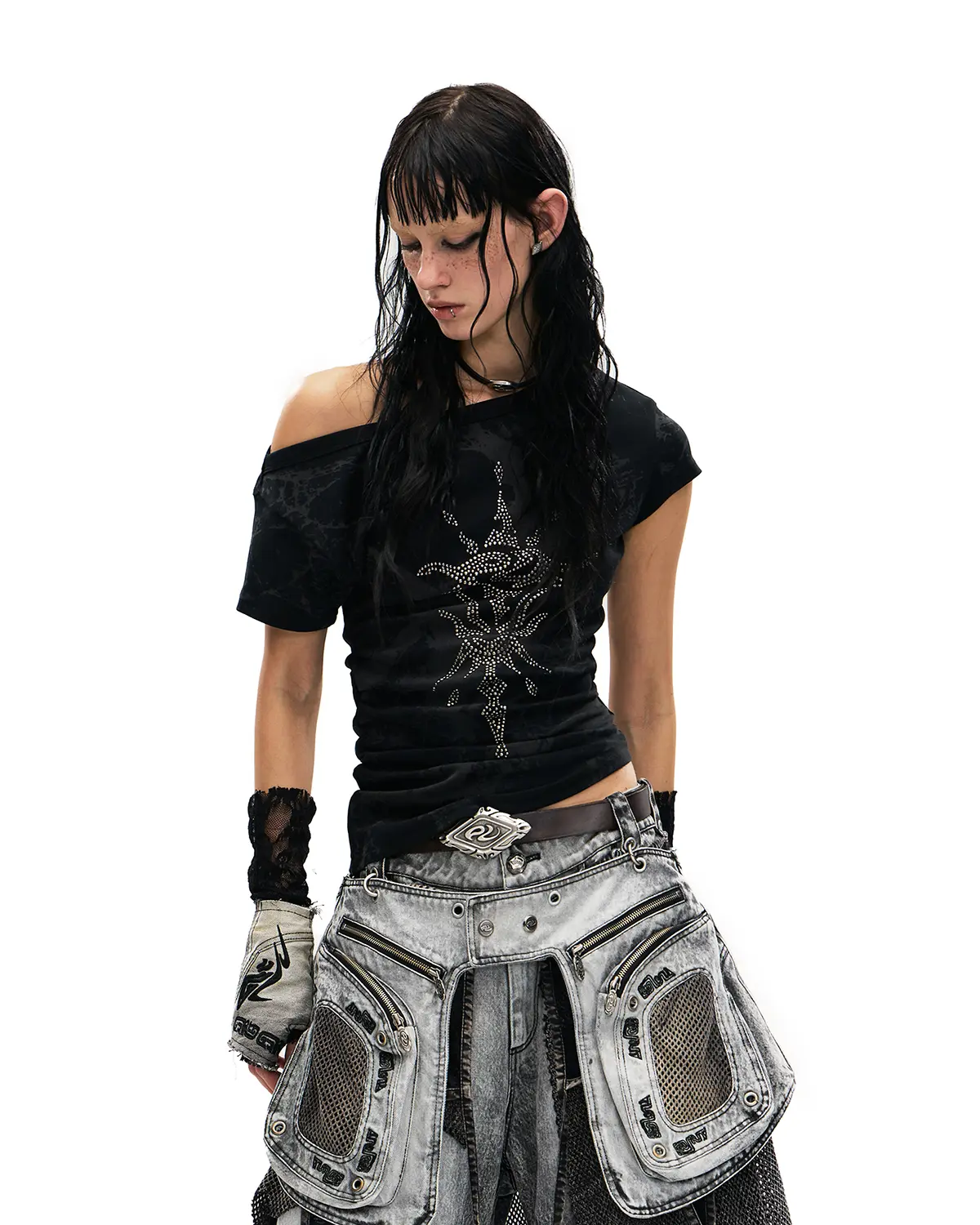 Personsoul Phoenix Motif One-Shoulder T-Shirt Black - Image 4