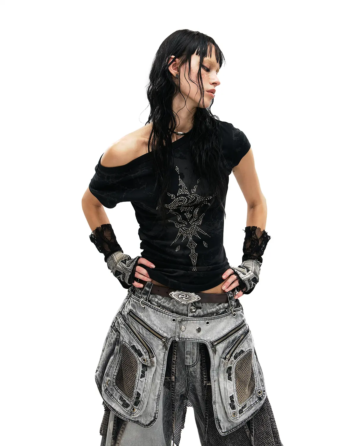 Personsoul Phoenix Motif One-Shoulder T-Shirt Black - Image 5