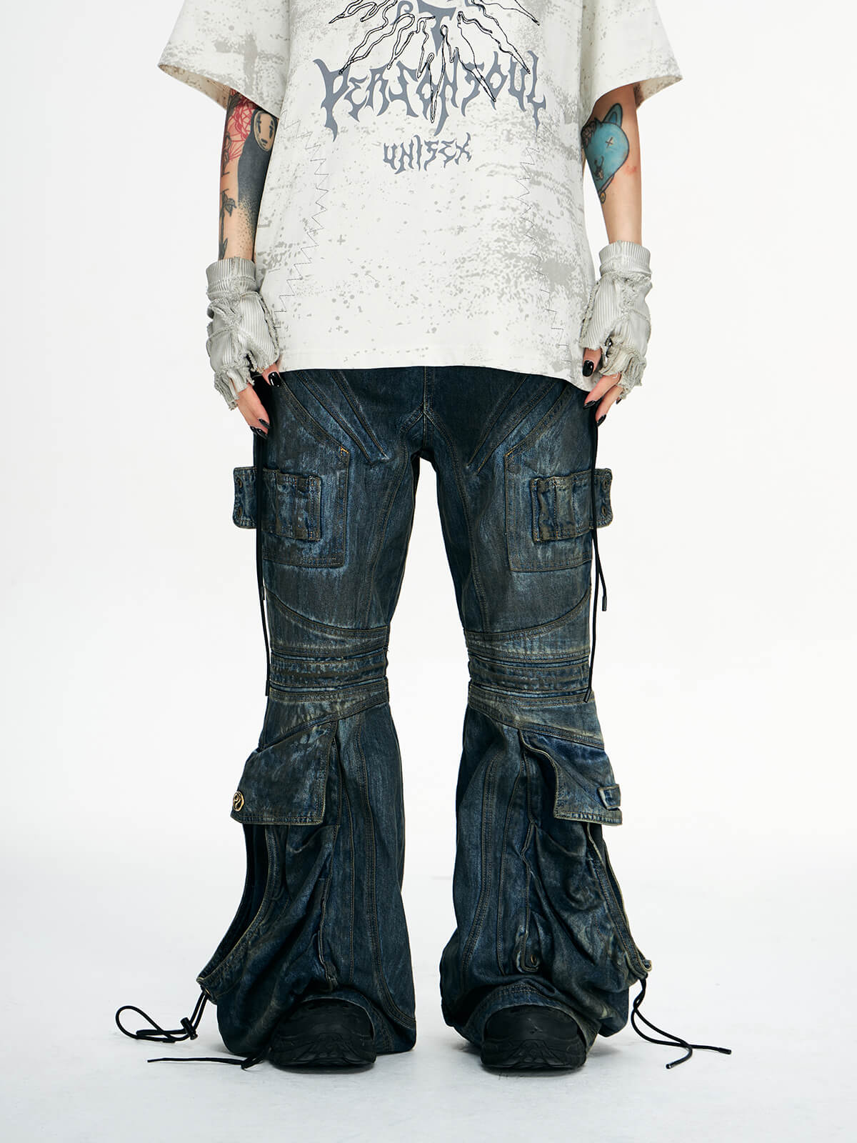 Personsoul Pocket Drawstring Washed Flared Jeans - Image 11