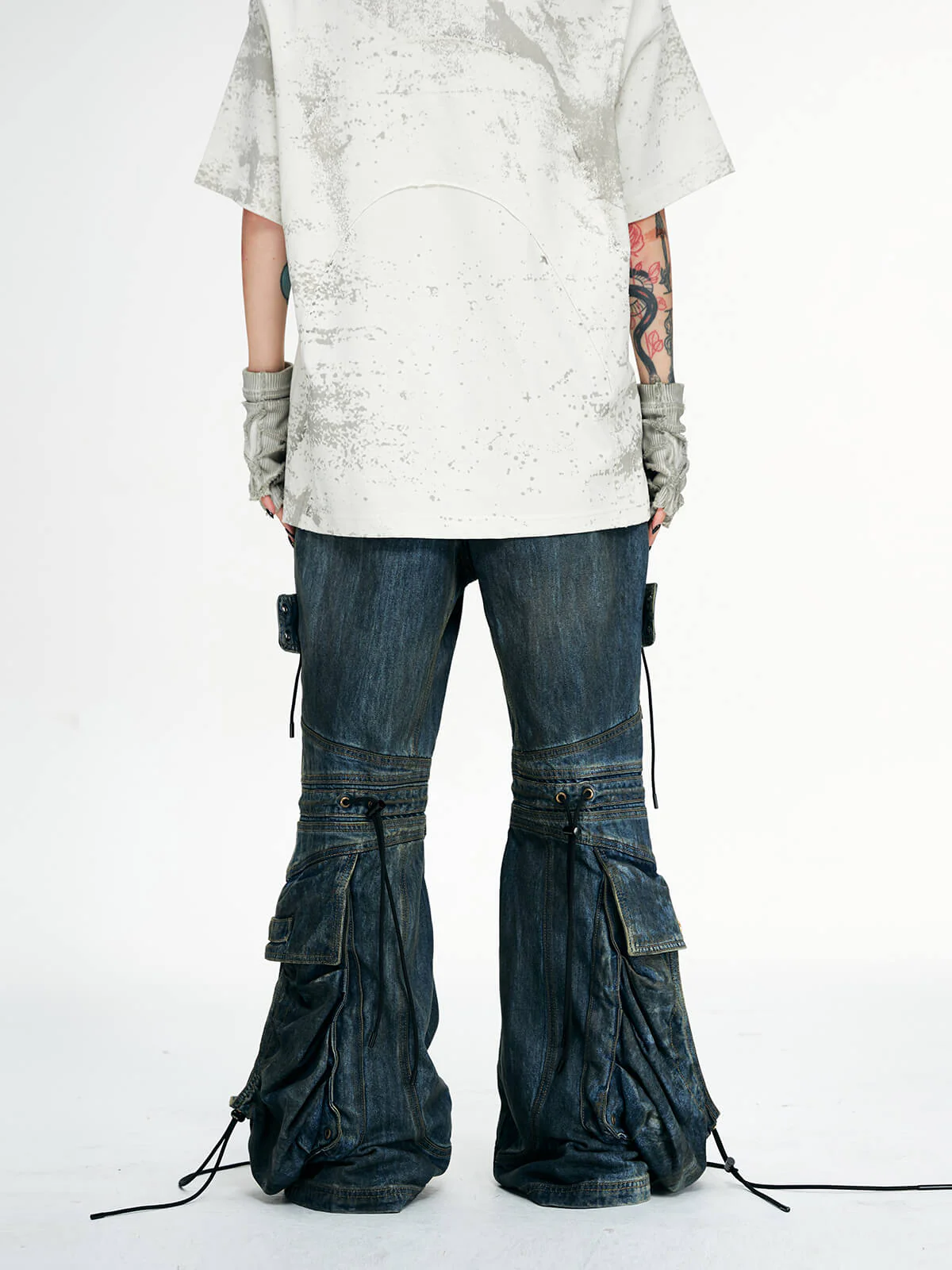 Personsoul Pocket Drawstring Washed Flared Jeans - Image 13