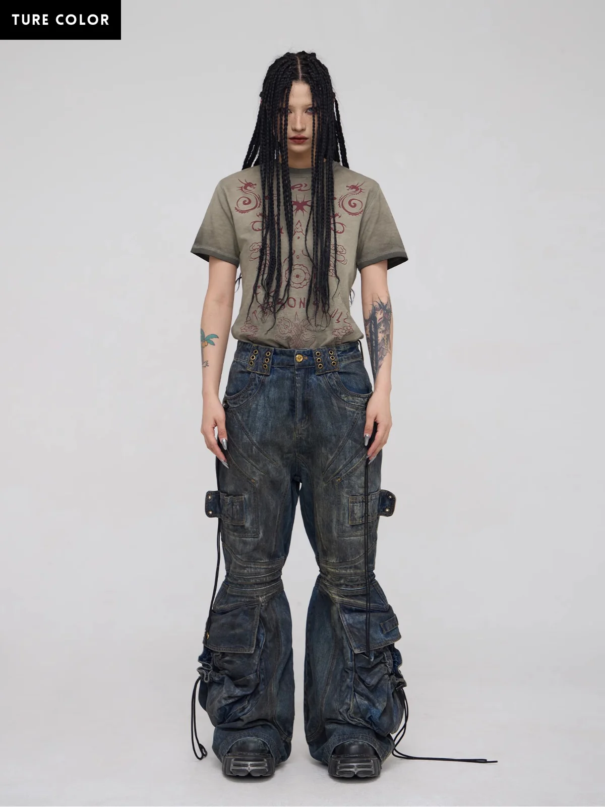 Personsoul Pocket Drawstring Washed Flared Jeans - Image 14