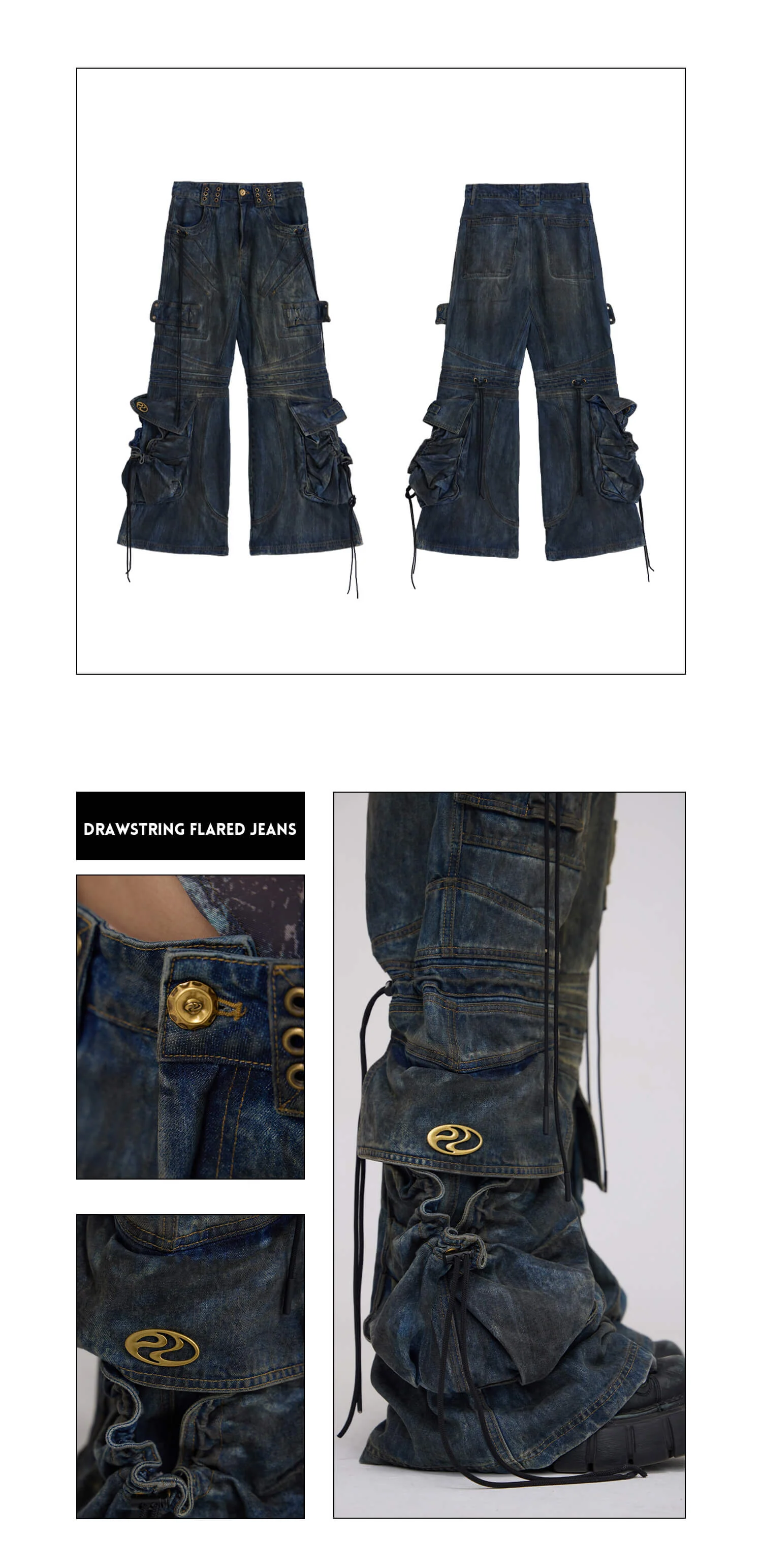Personsoul Pocket Drawstring Washed Flared Jeans - Image 15