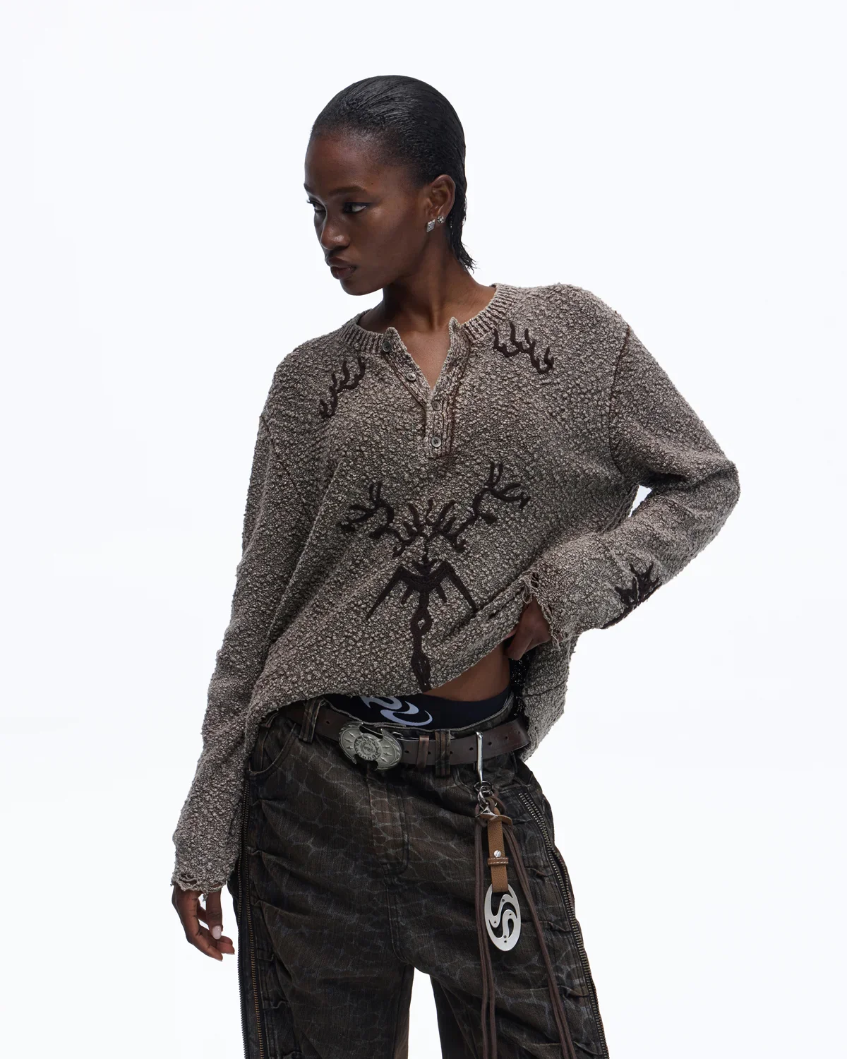 Personsoul Pom-Pom Long-Sleeve Henley Shirt In Grey - Image 3