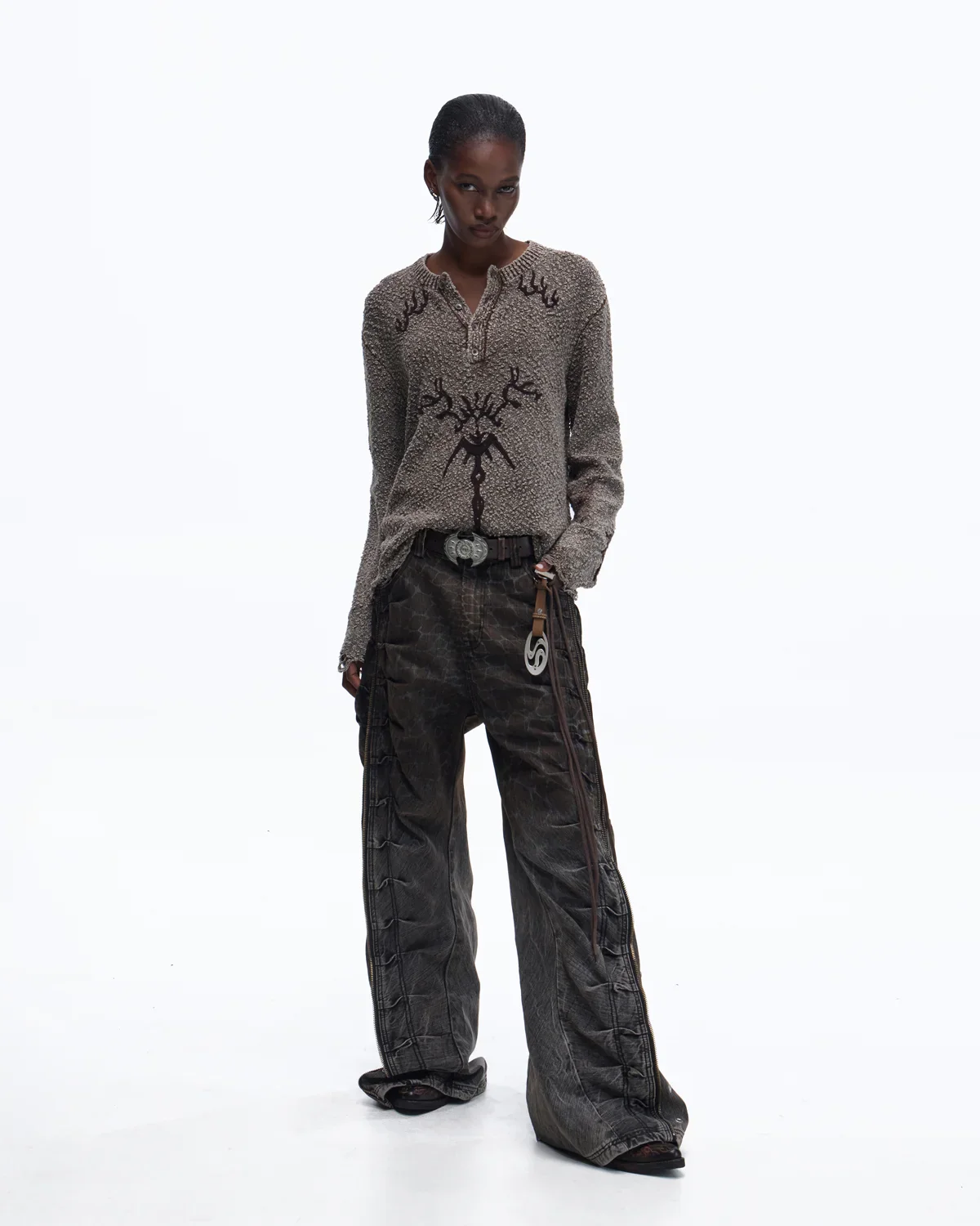 Personsoul Pom-Pom Long-Sleeve Henley Shirt In Grey - Image 7