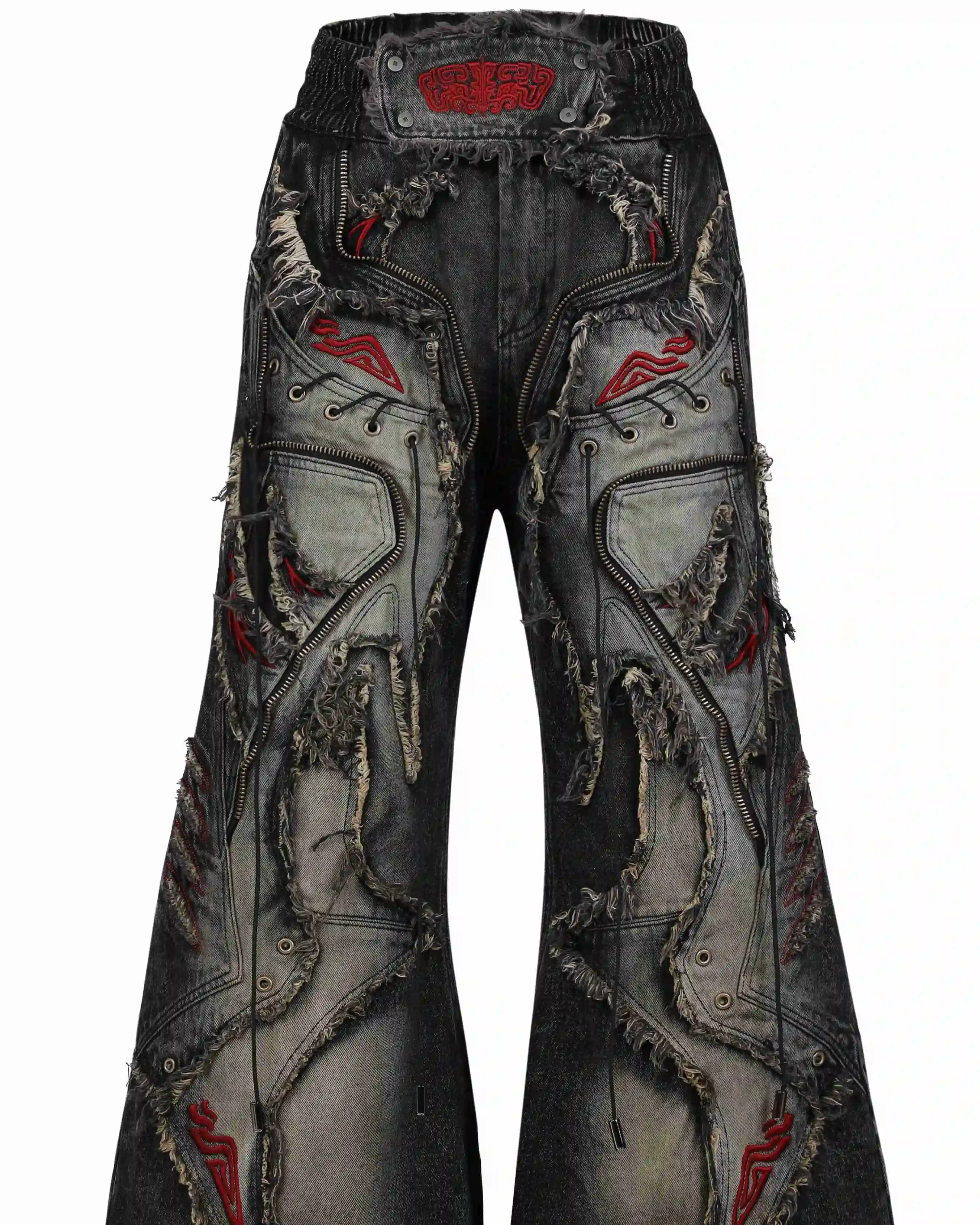 Personsoul Red-Embroidered Totem Wide-Leg Denim Jeans 6424 - Image 3