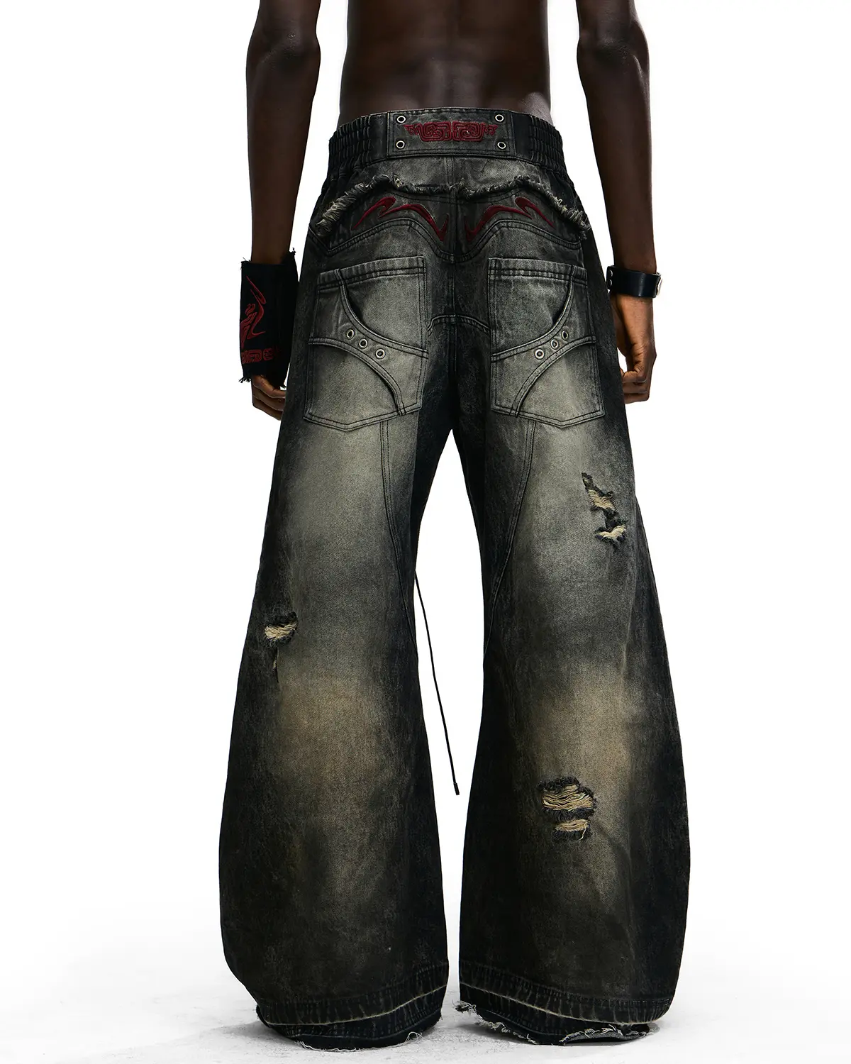 Personsoul Red-Embroidered Totem Wide-Leg Denim Jeans 6424 - Image 4