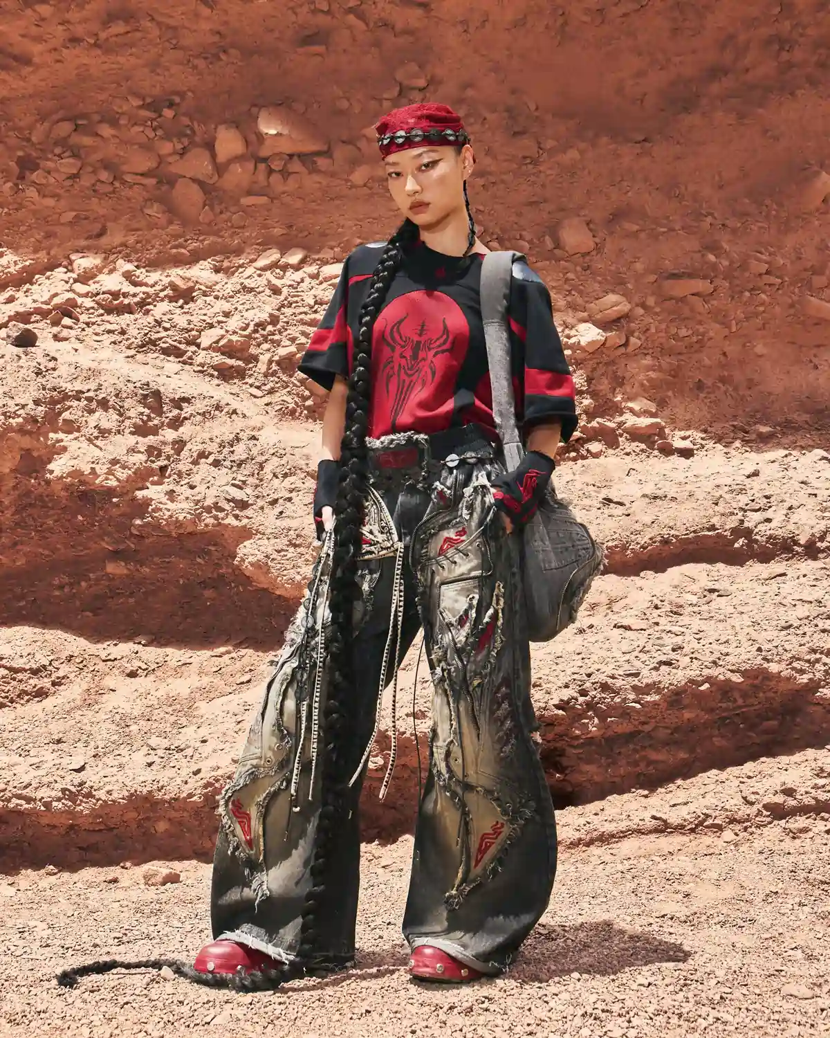 Personsoul Red-Embroidered Totem Wide-Leg Denim Jeans 6424 - Image 6