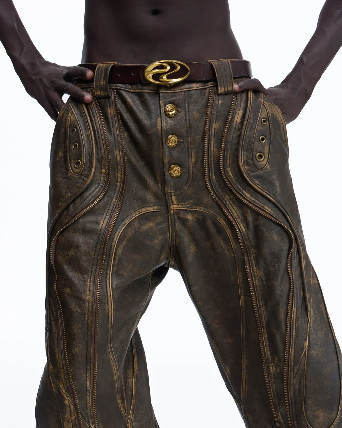 Personsoul Structured Totem Curved-leg Calf Leather Pants(Limited 100 pieces) - Image 4