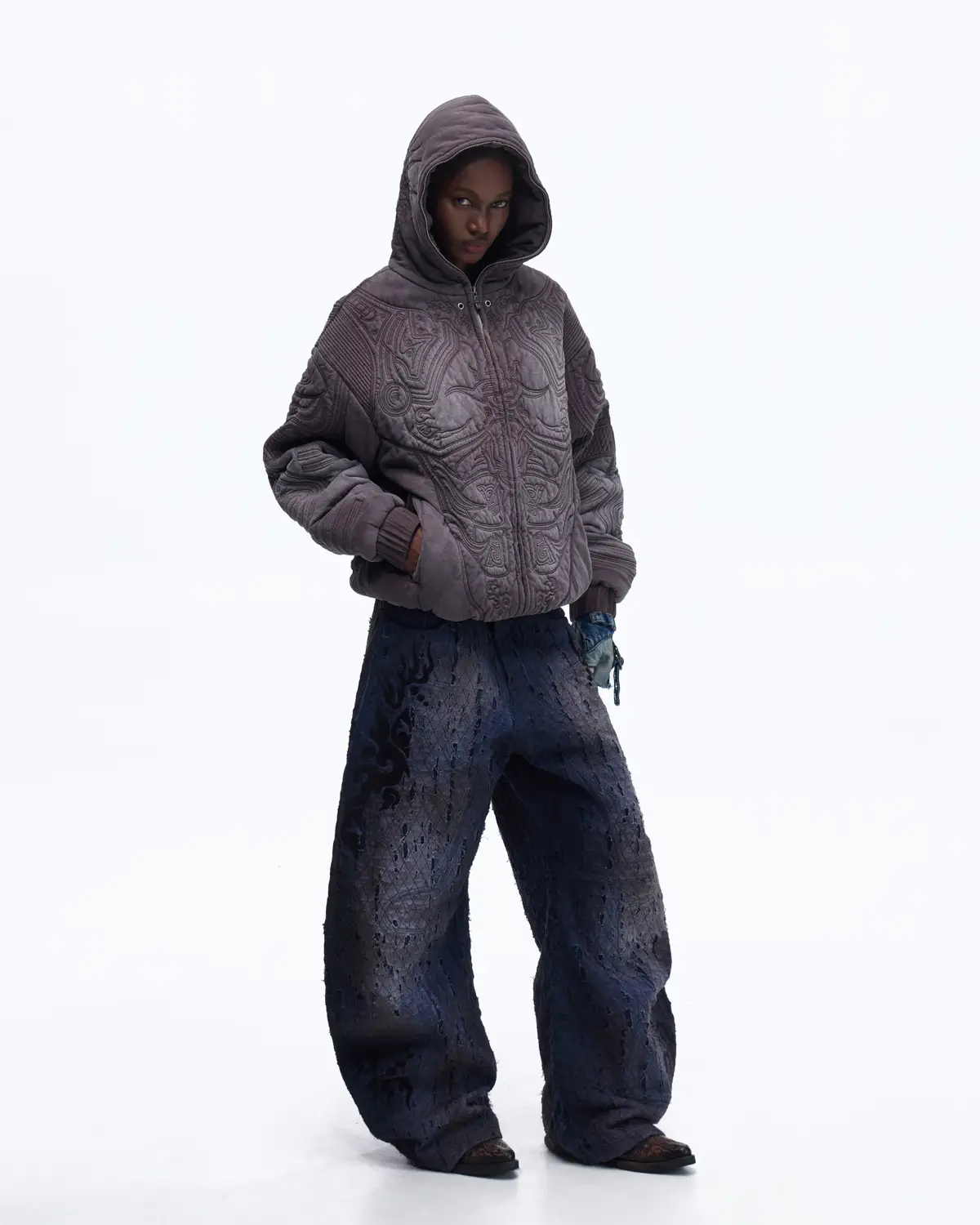 Personsoul Textured Full-Zip Hoodie with Chinese Motif Embroidery - Image 6