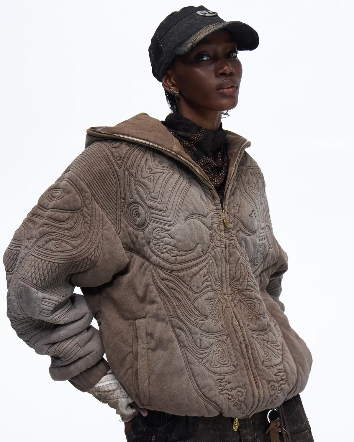Personsoul Textured Full-Zip Hoodie with Chinese Motif Embroidery In Brown - Image 3