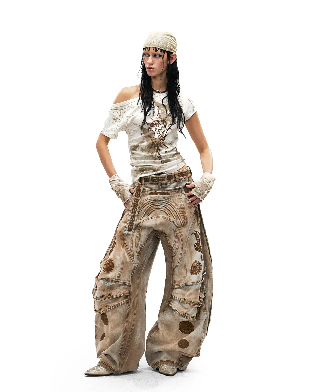 Personsoul Vintage Earth-Tone Faux-Layer Curved Jeans - Image 10