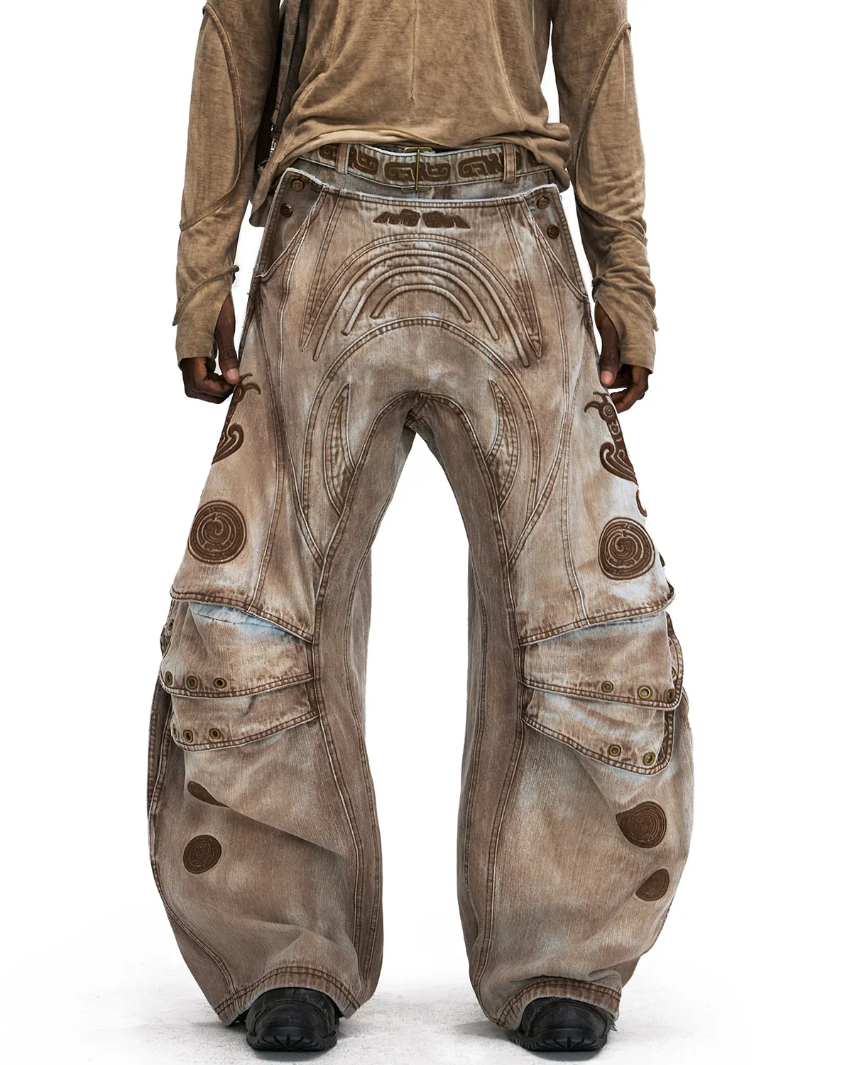 Personsoul Vintage Earth-Tone Faux-Layer Curved Jeans - Image 11