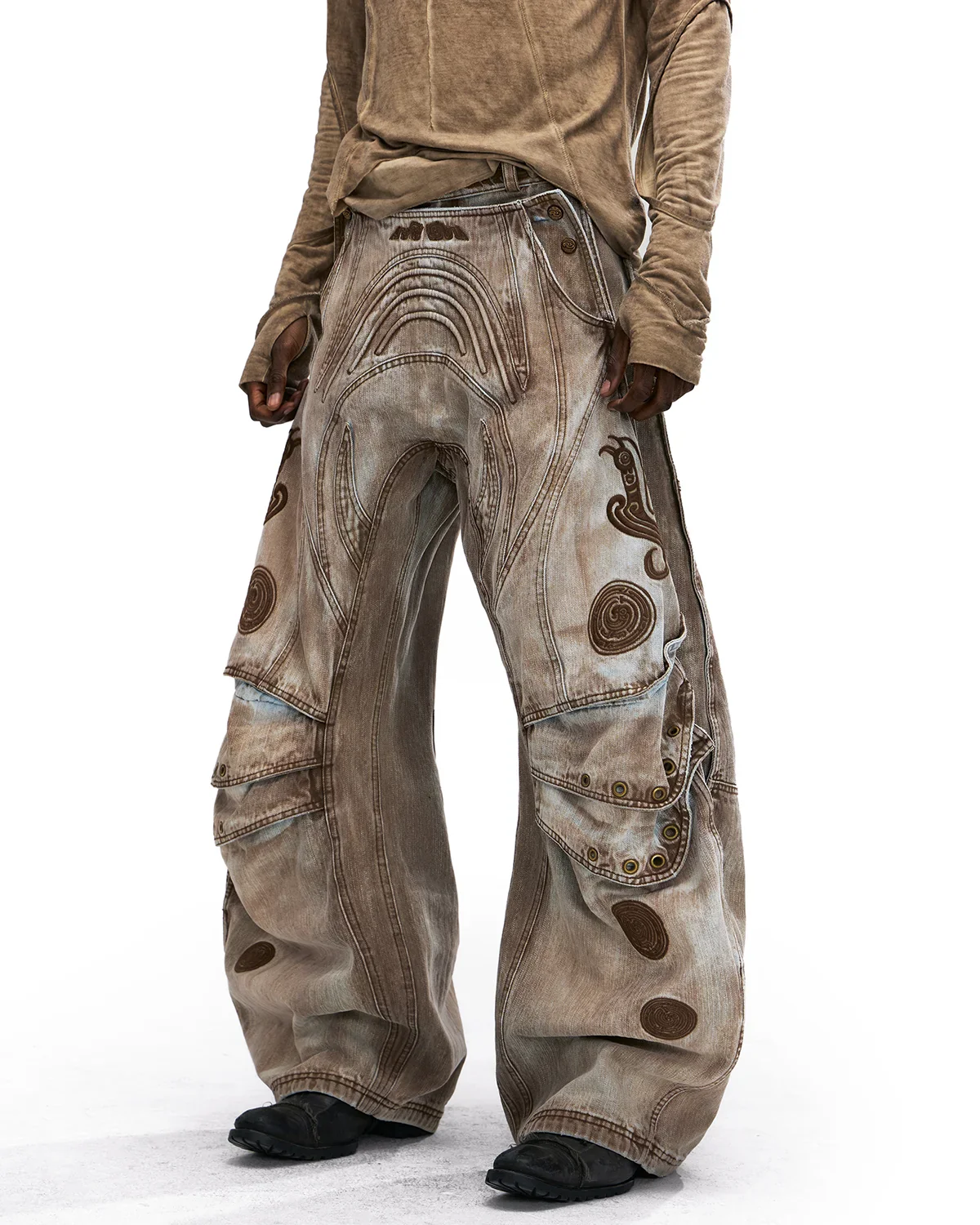 Personsoul Vintage Earth-Tone Faux-Layer Curved Jeans - Image 12