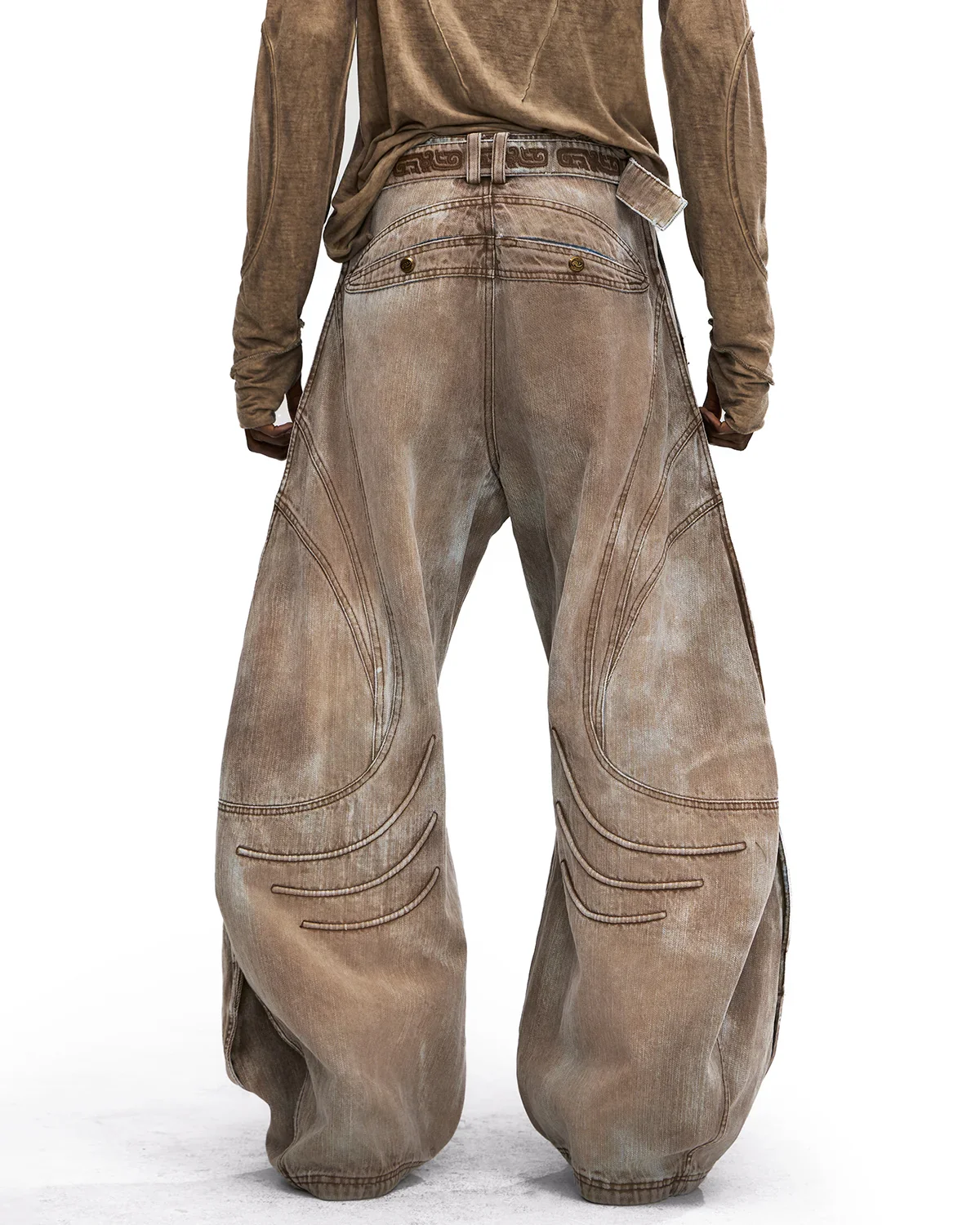 Personsoul Vintage Earth-Tone Faux-Layer Curved Jeans - Image 13