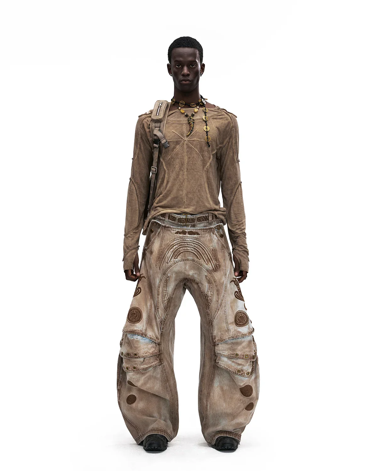 Personsoul Vintage Earth-Tone Faux-Layer Curved Jeans - Image 14