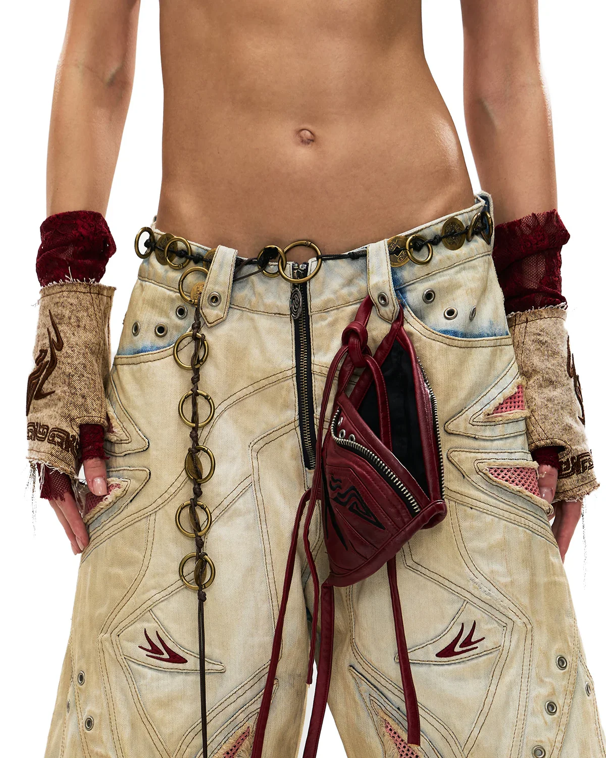 Personsoul Washed Embroidered Denim Gloves Brown